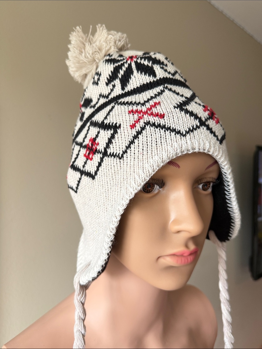 Kids Cream Nordic Pom-Pom Earflap Hat with Black & Red Accents